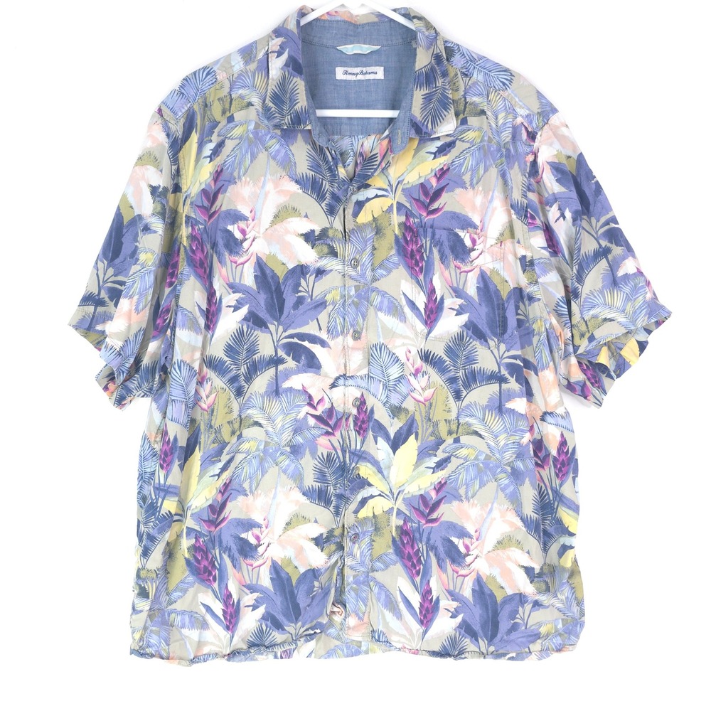 Tommy Bahama Mens XXL Tropical Floral Palm Print Tencel Cotton Shirt Blue Purple - Picture 2 of 9